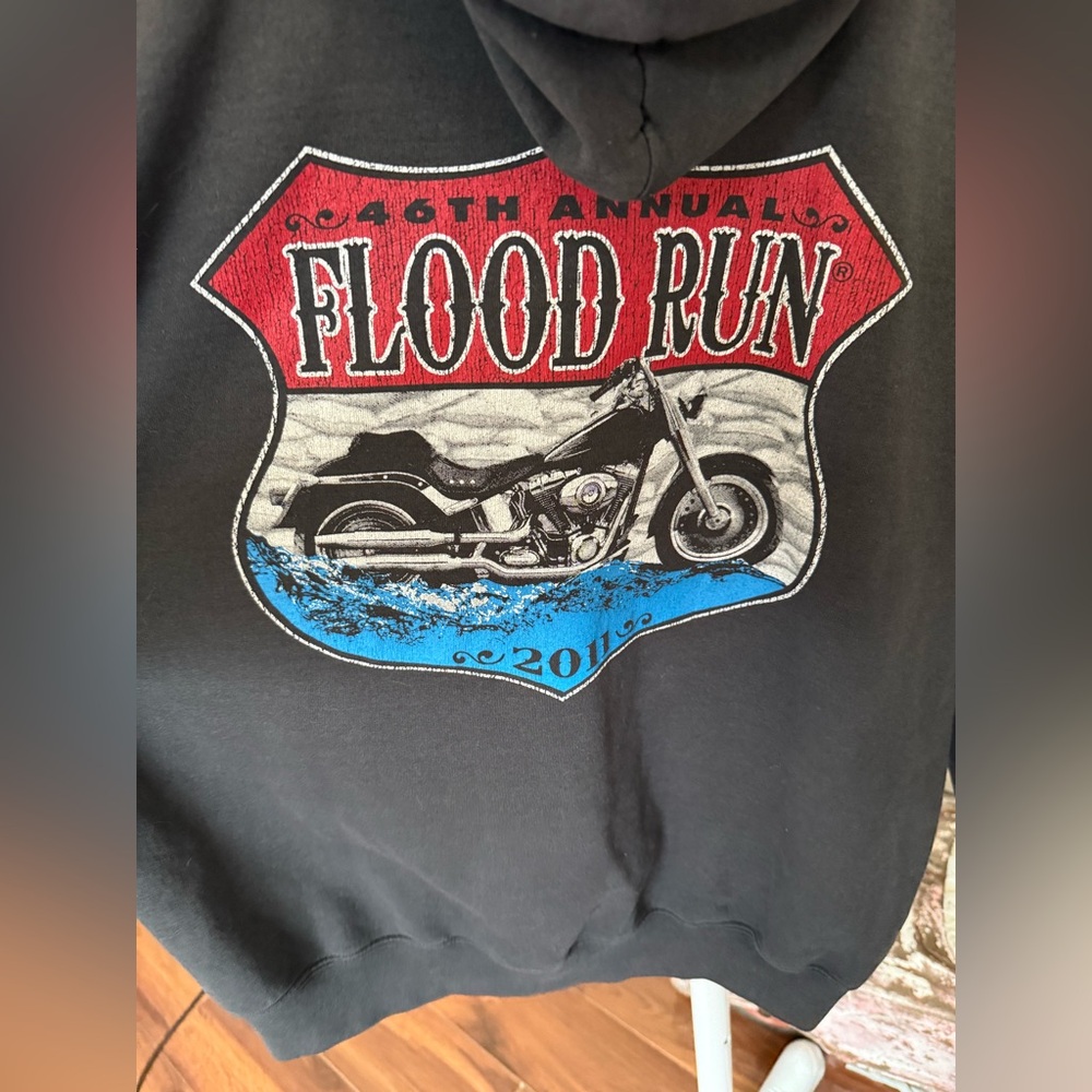 Black Flood Run Hoodie with Motorcycle Graphic
